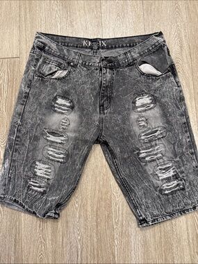 Kroix mens Distressed Washed Black Denim Shorts